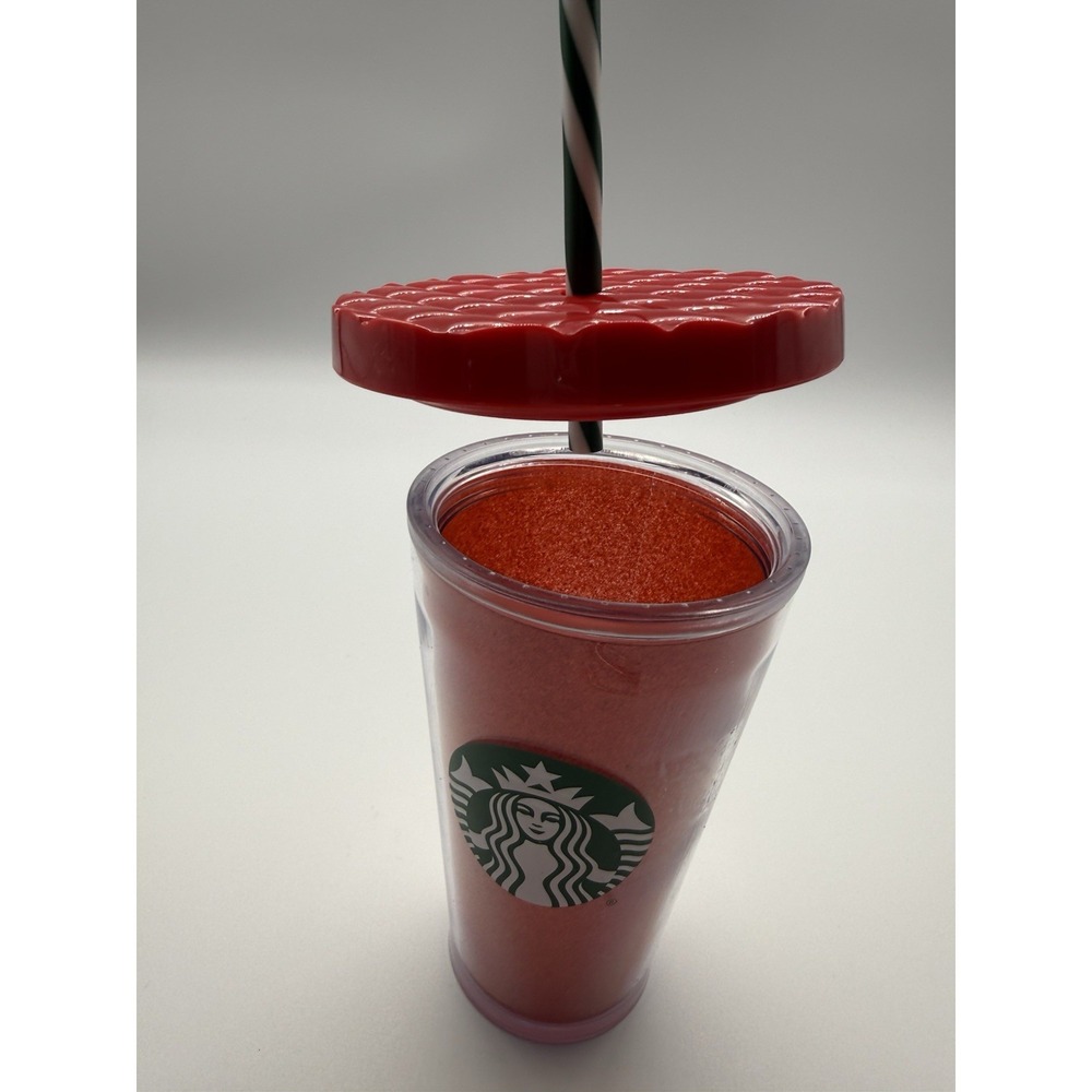 Starbucks Red Glitter Christmas Tumbler BPA free Green Stripe Straw 16 oz - Picture 9 of 11